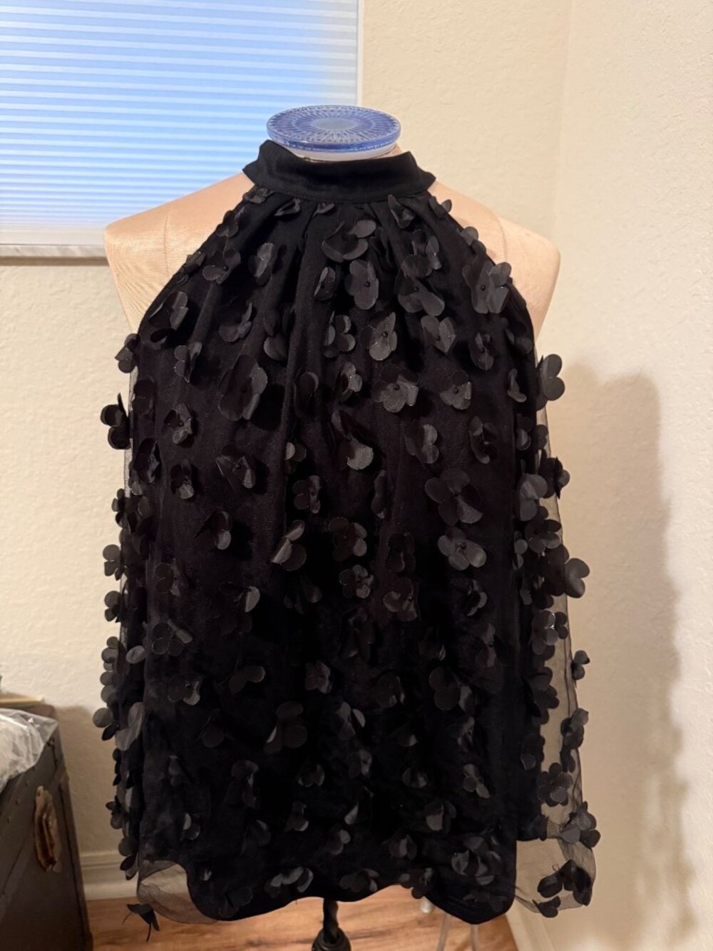 Black Mock Neck Halter Tunic Top Dress 3D Floral Sheer Layer XL Whimsigoth fairy